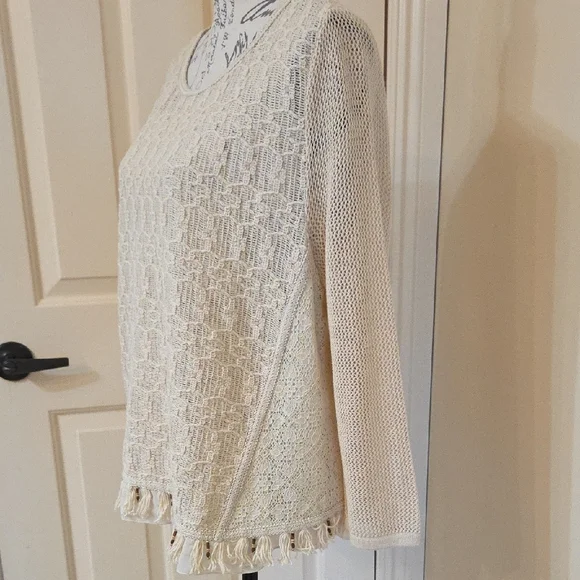Chico's Boho Style Cream Lace Blouse with Fringe And Lace - Picture 2 of 12